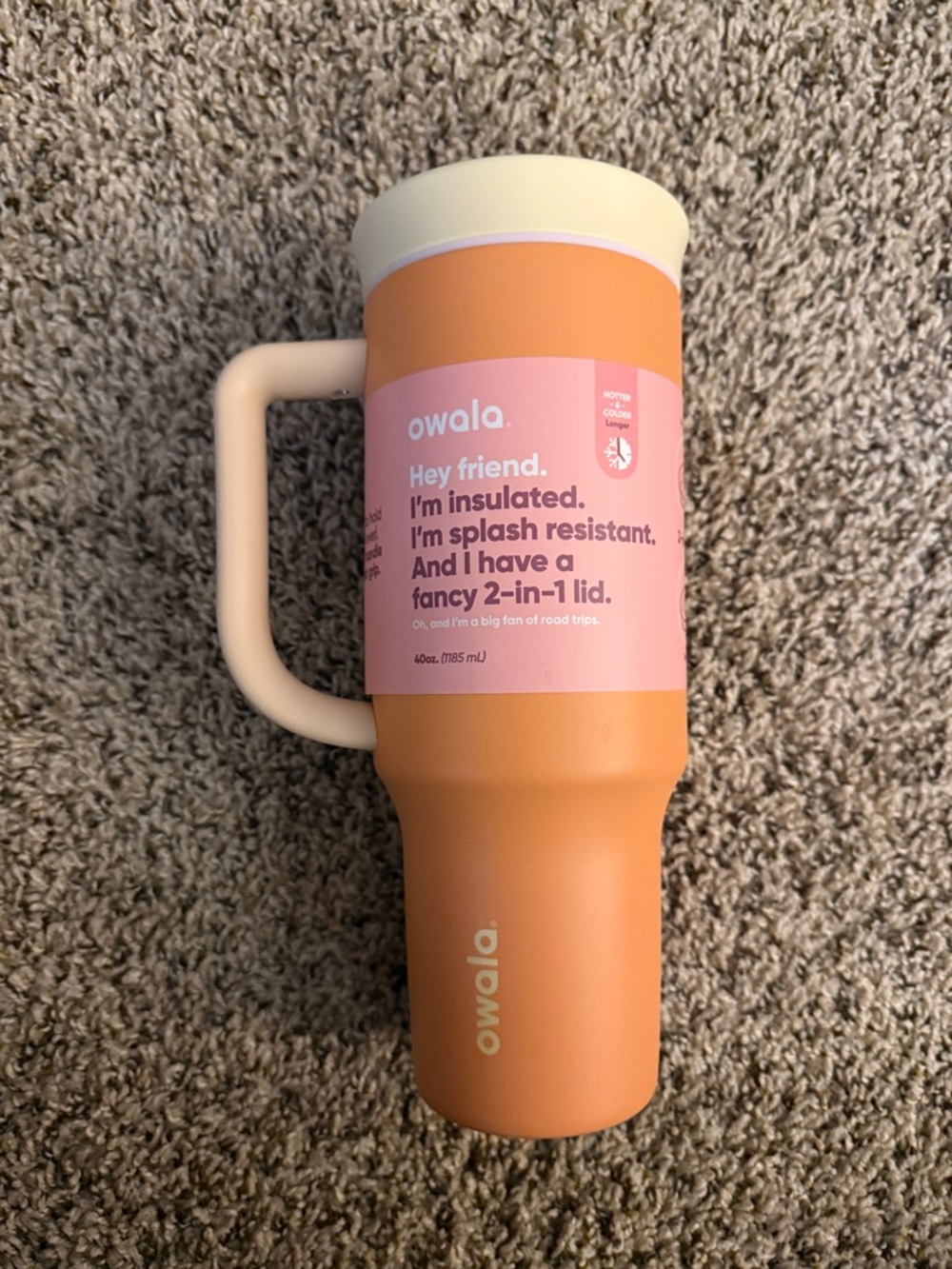 Owala Insulated Travel Mug 40oz - Peach with Cream Handle Brand New